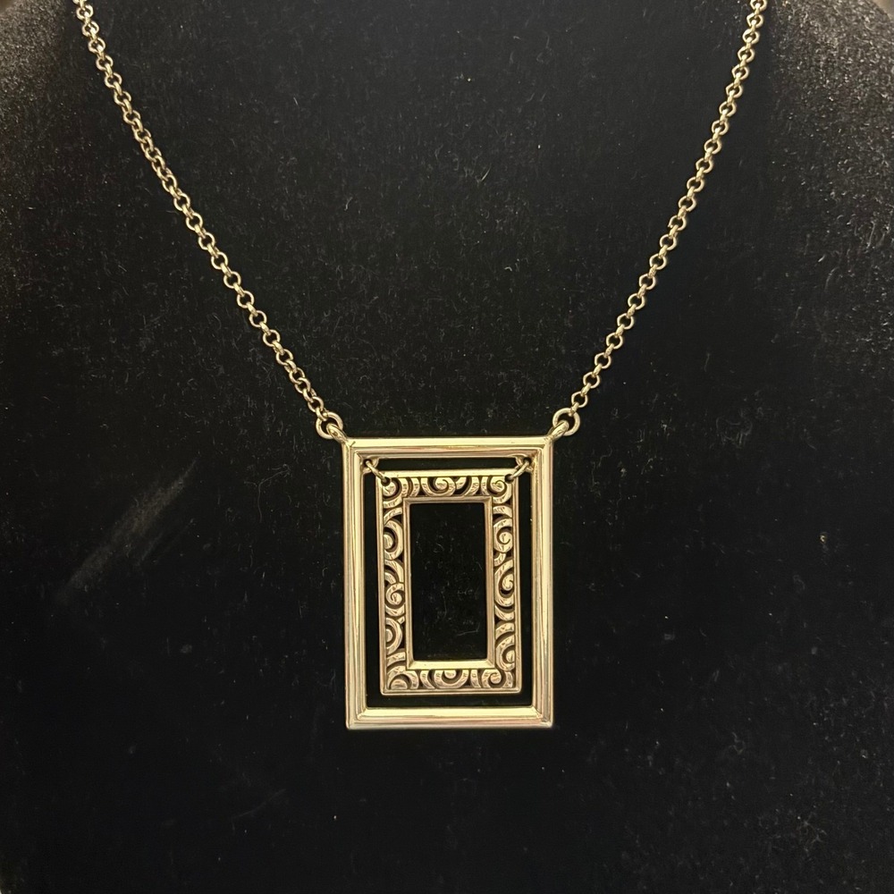 Brighton Silver Tone Double Frame Scrollwork‎ Pendant Necklace Geometric
